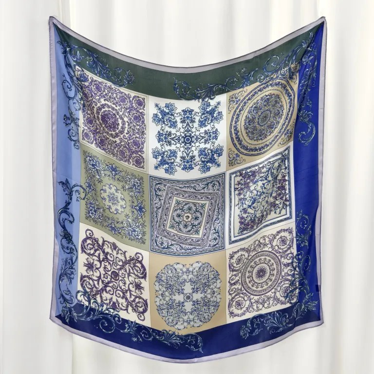 Blue mulberry silk scarves showing fabric color and print quality in custom scarf manufacturing