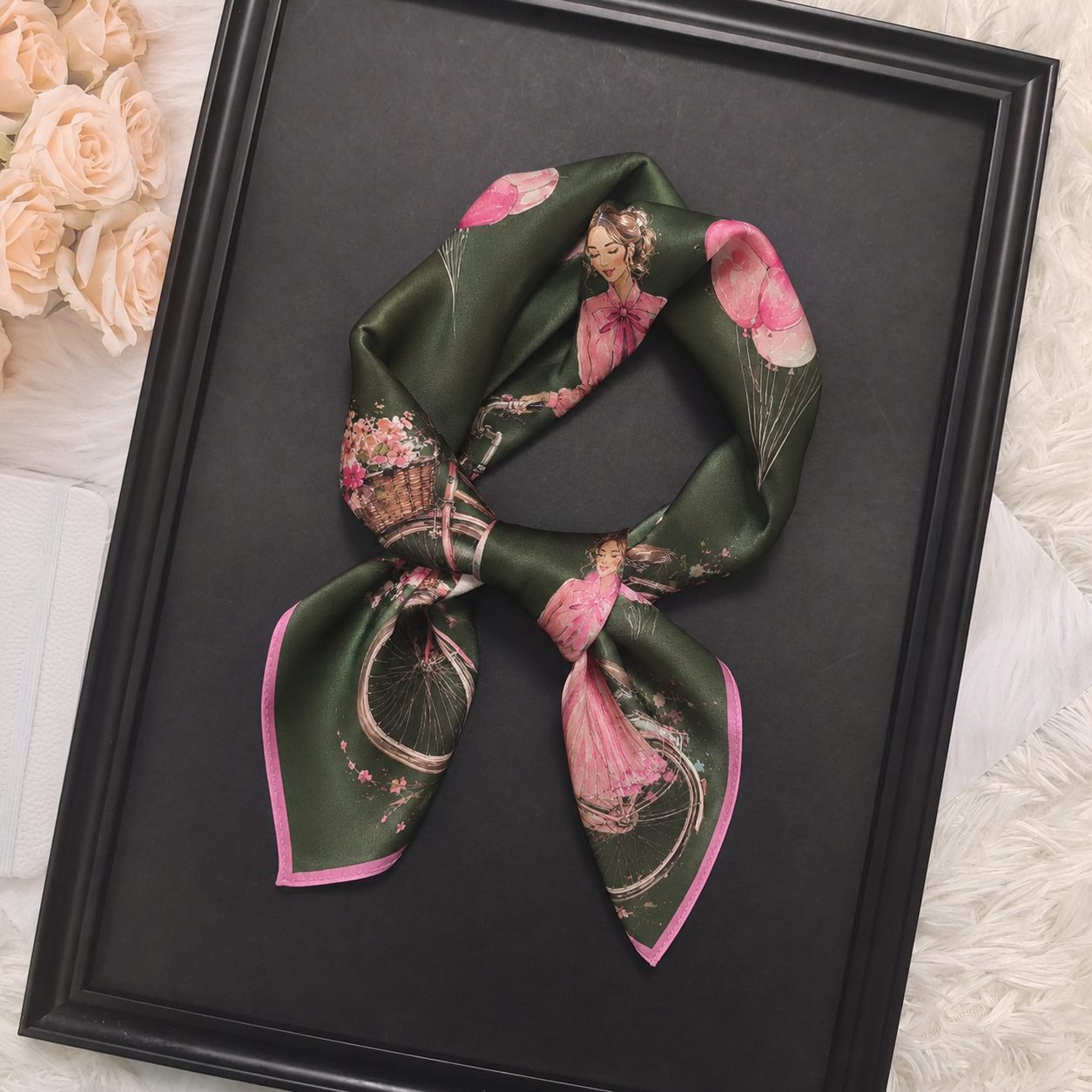 14mm double-sided digital printed mulberry silk scarf worn by woman