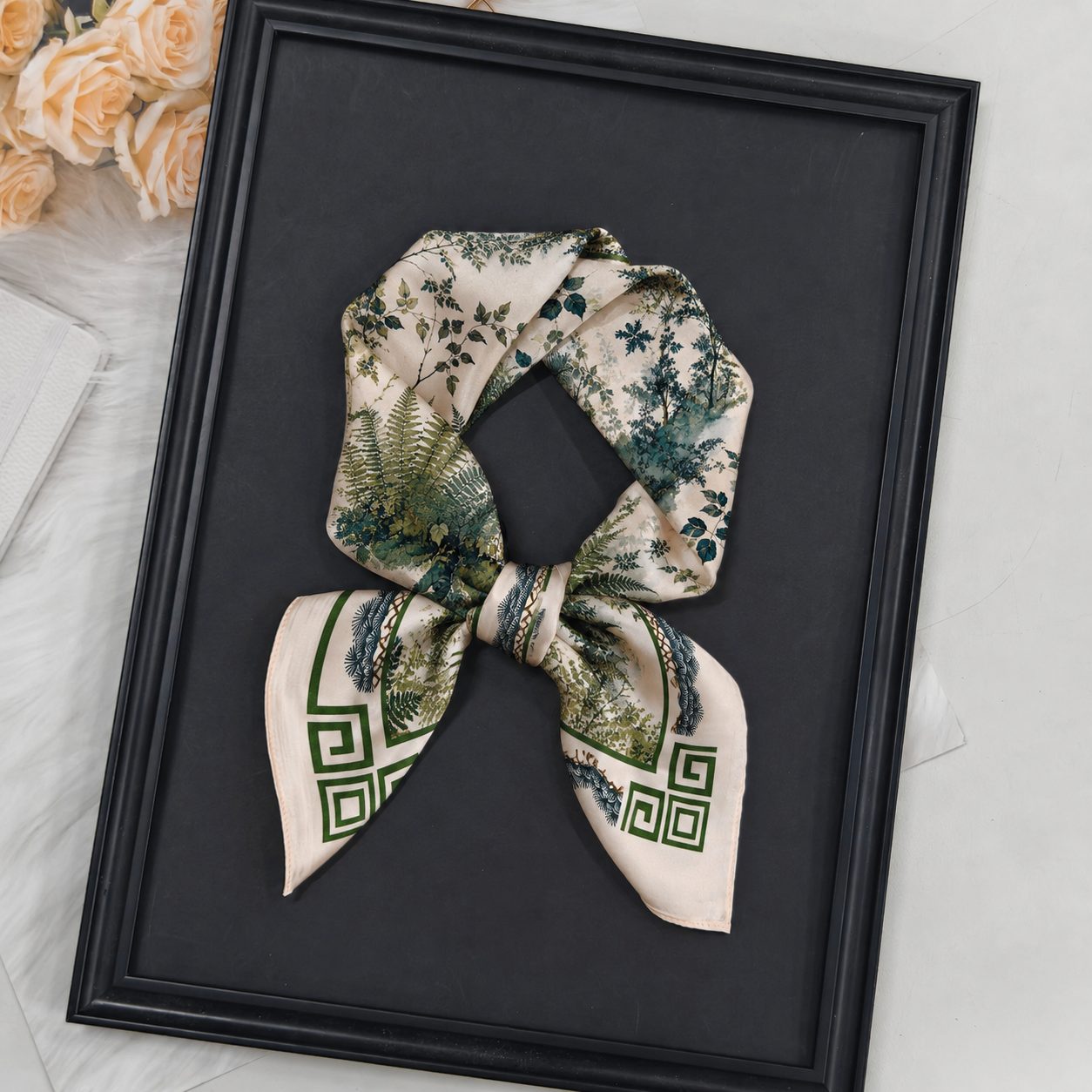 Custom mulberry silk scarves for women with double-sided print and luxury retail presentation