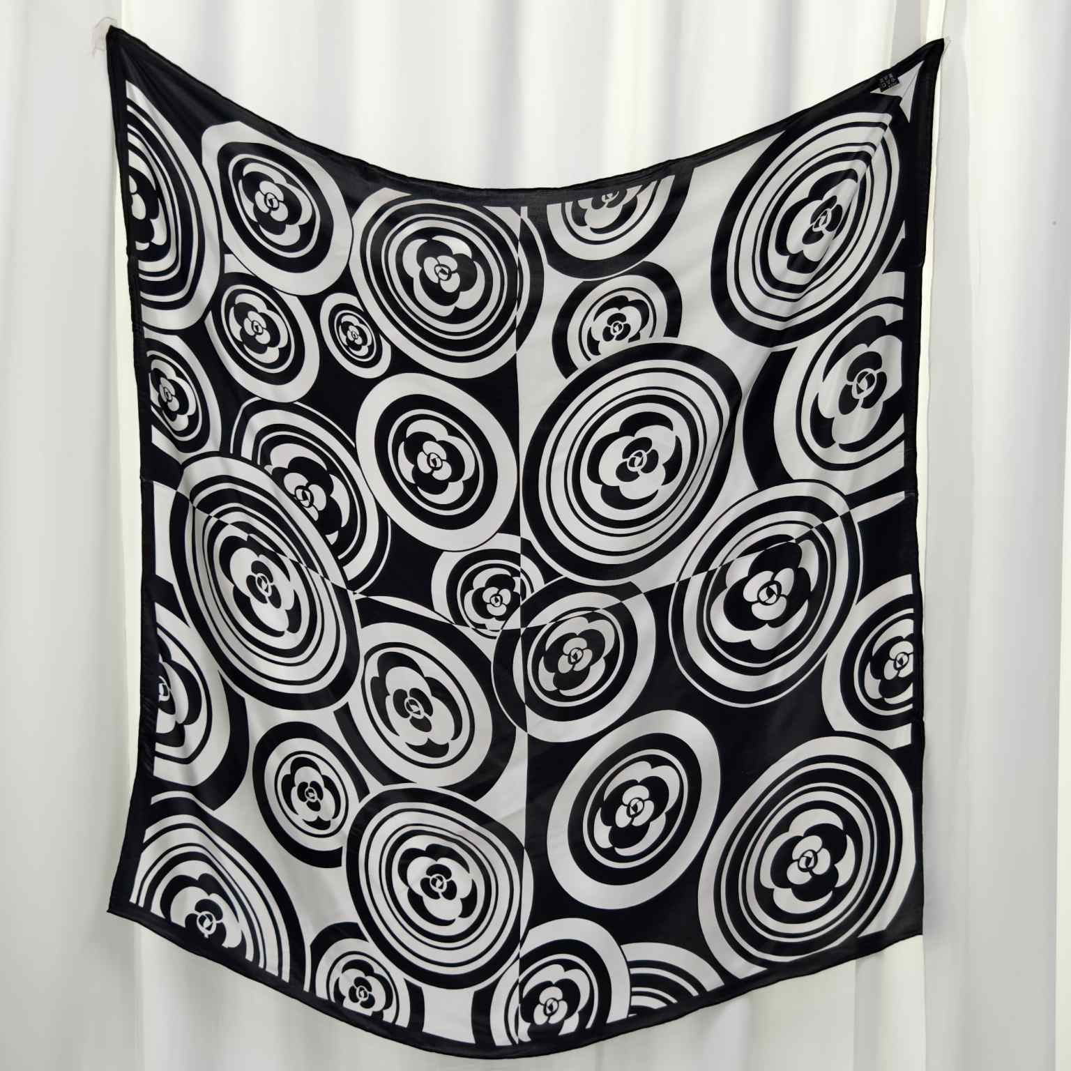 White and black printed mulberry silk scarf showing wholesale scarf design and color control