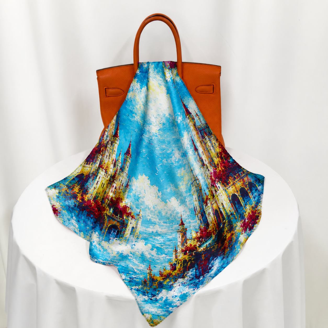 Printed silk scarf design inspired by seaside village sky and Mediterranean scenery