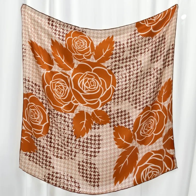 Large flower printed silk scarf showing modern scarf artwork and color expression
