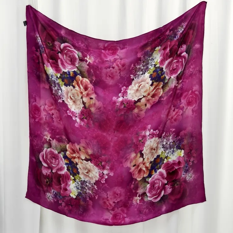 Purple printed silk scarves showing custom color development and scarf production quality