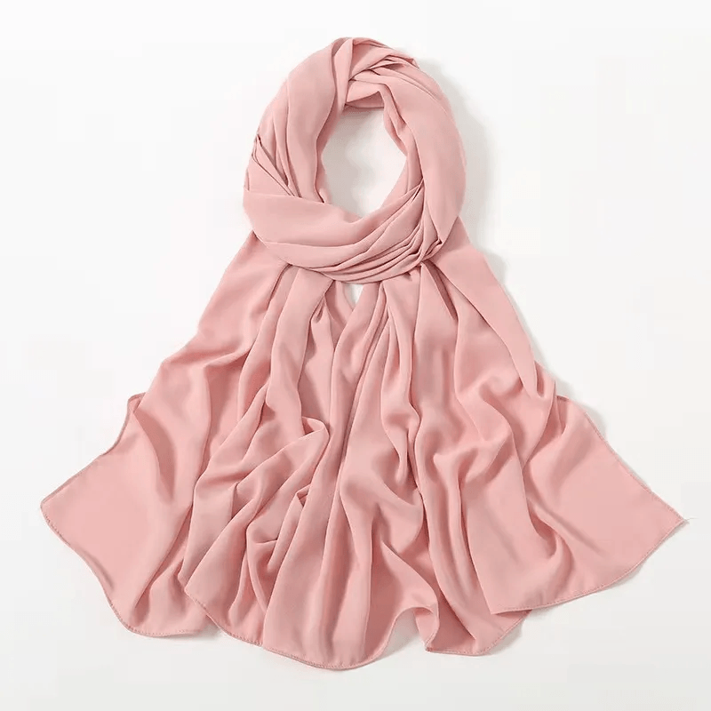 Docsun 100% pure silk chiffon long scarf, dusty pink color, draped, sheer texture, white background.