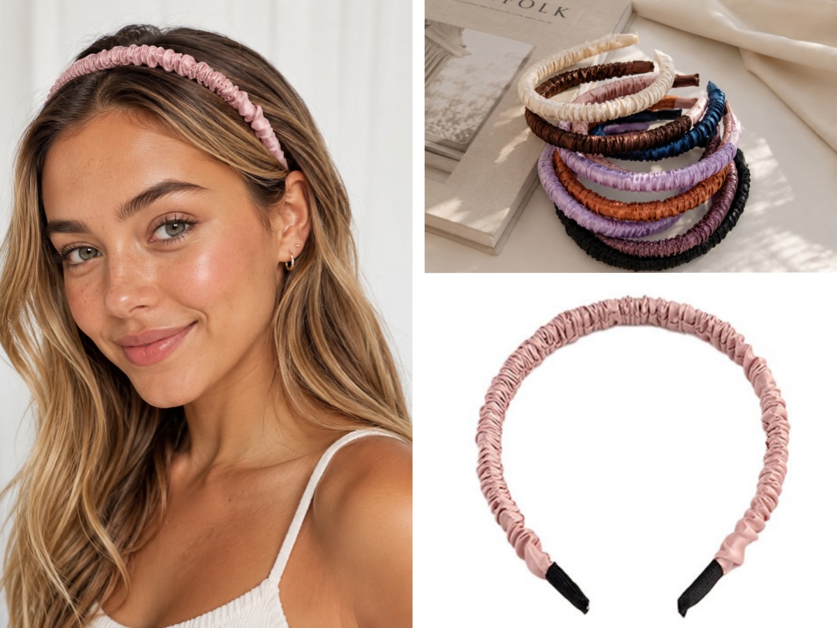 Pink silk hair band showing lightweight fabric choice and comfort testing for custom headband production