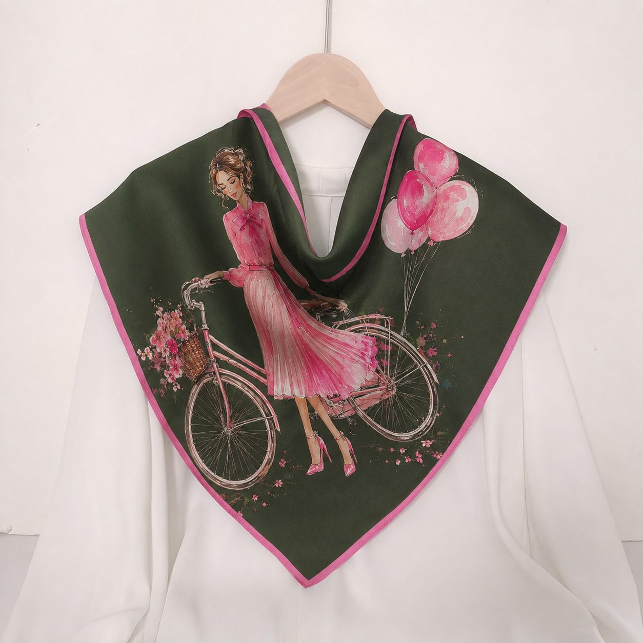 Woman wearing custom double-sided silk scarf showing reversible styling effect