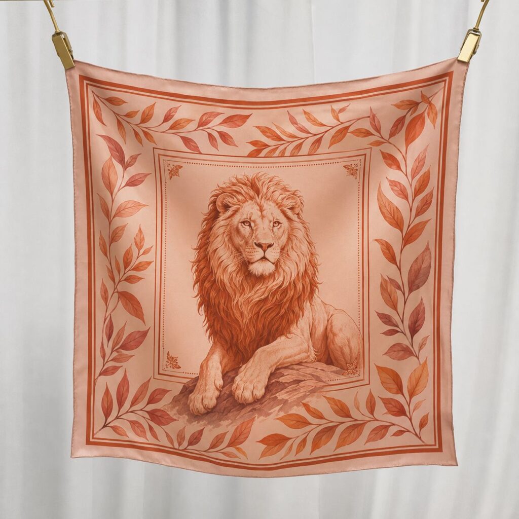 Orange-toned silk square scarf hanging display with a majestic lion illustration in the center and warm leafy border motifs.