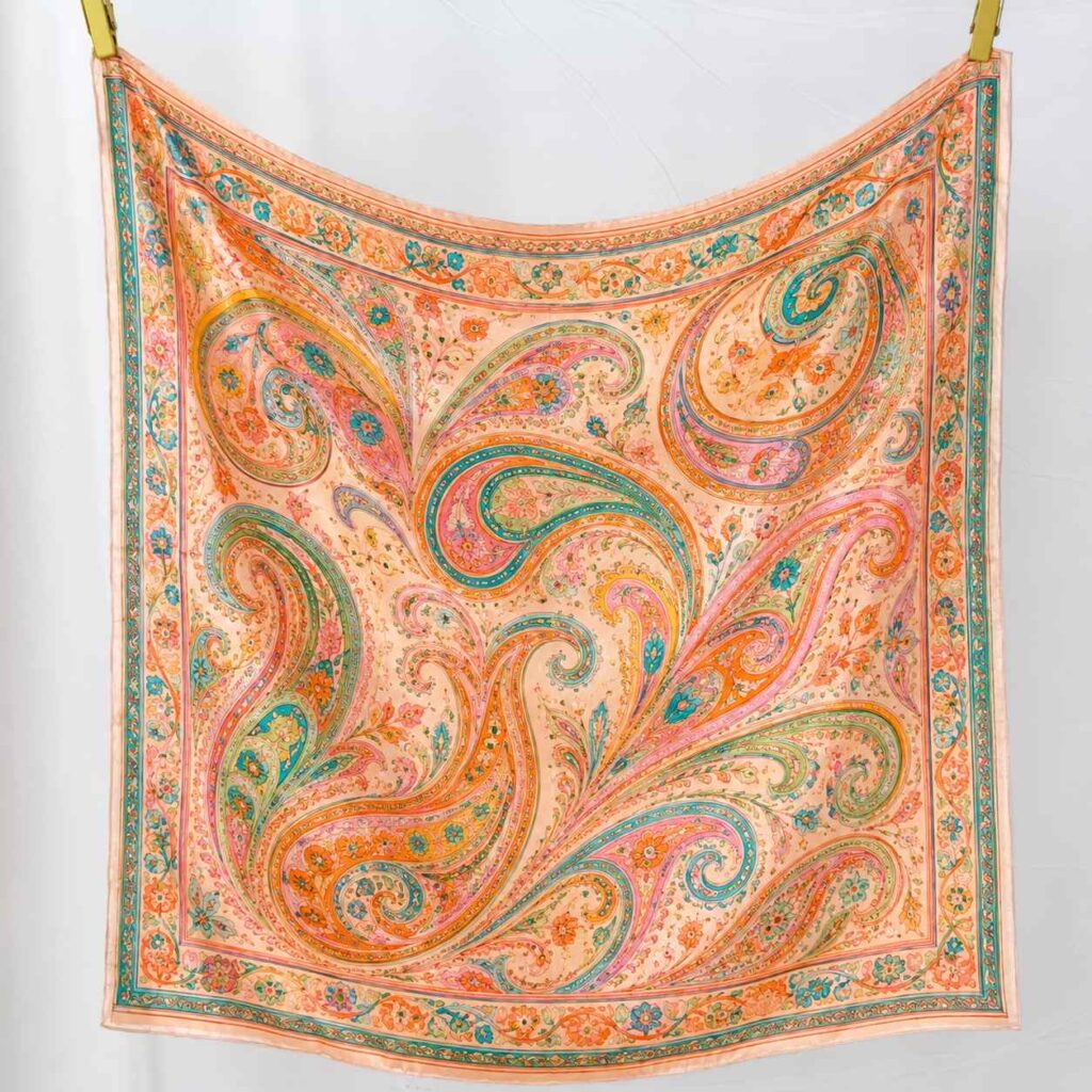 Light apricot paisley mulberry silk square scarf hanging display with orange, pink and turquoise pattern