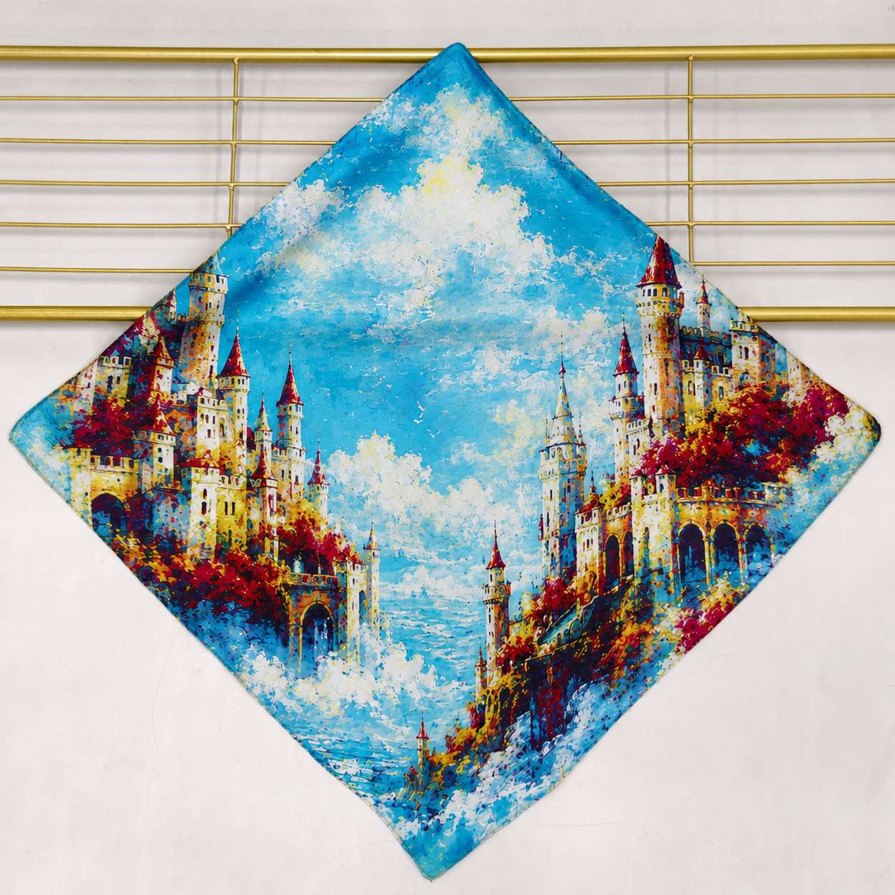 Elegant custom square silk scarf with regional inspired print and wearable layout