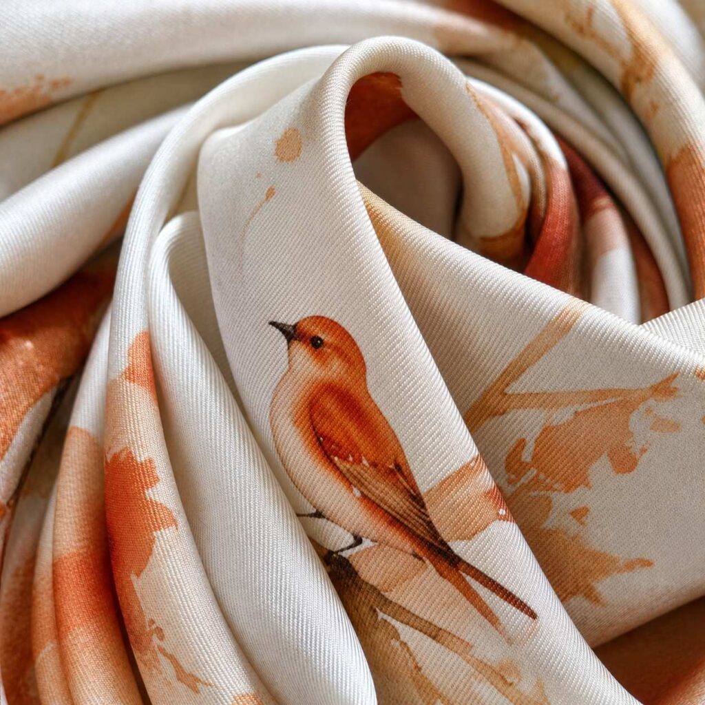 Macro close-up of orange and white bird-pattern silk fabric, showing watercolor bird artwork, silk sheen, and soft folds.