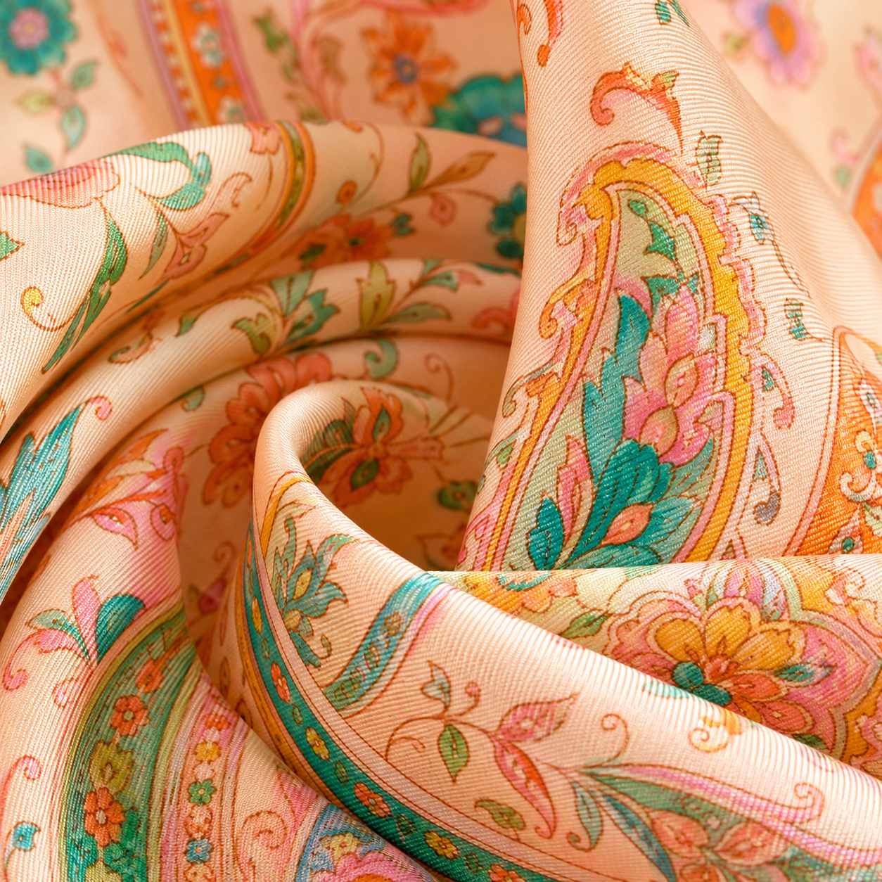 Stylish silk twill scarves showing custom brand scarf styling and print quality