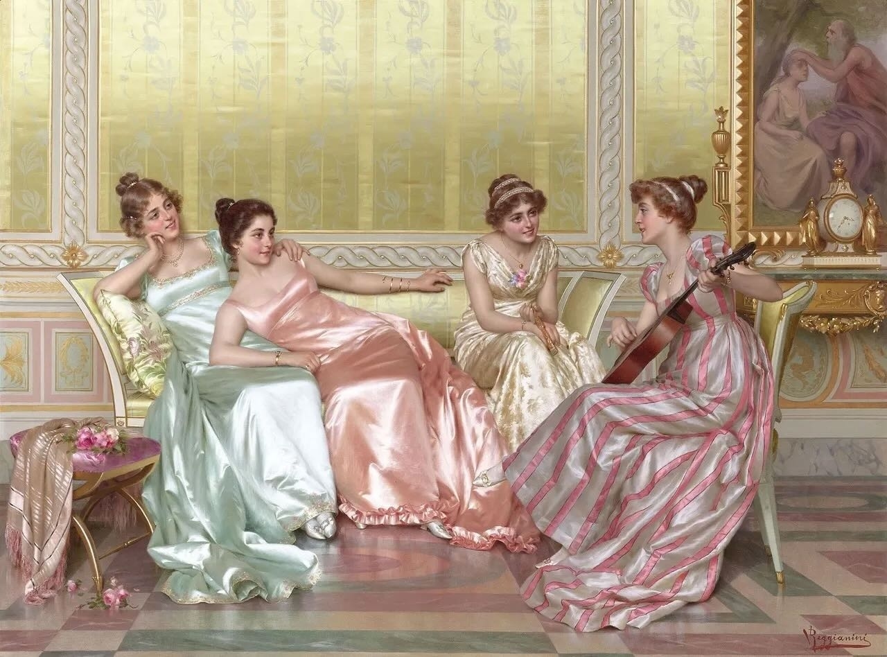 Historical fashion scene with four young women in elegant silk-inspired gowns