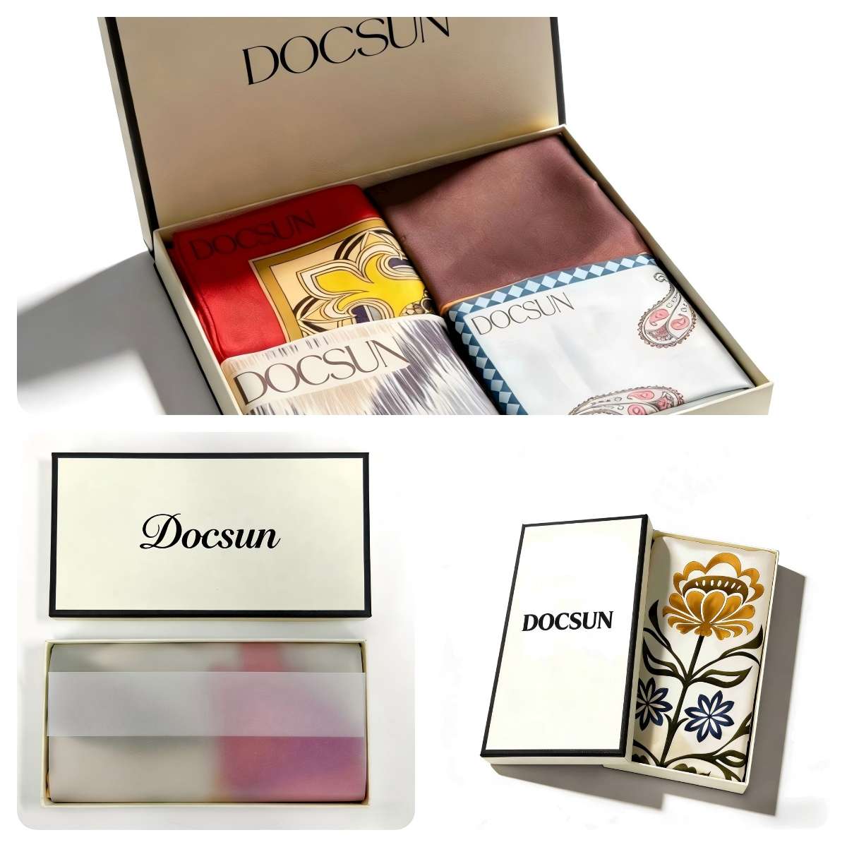 DOCSUN digitally printed lid and base gift box for silk scarves