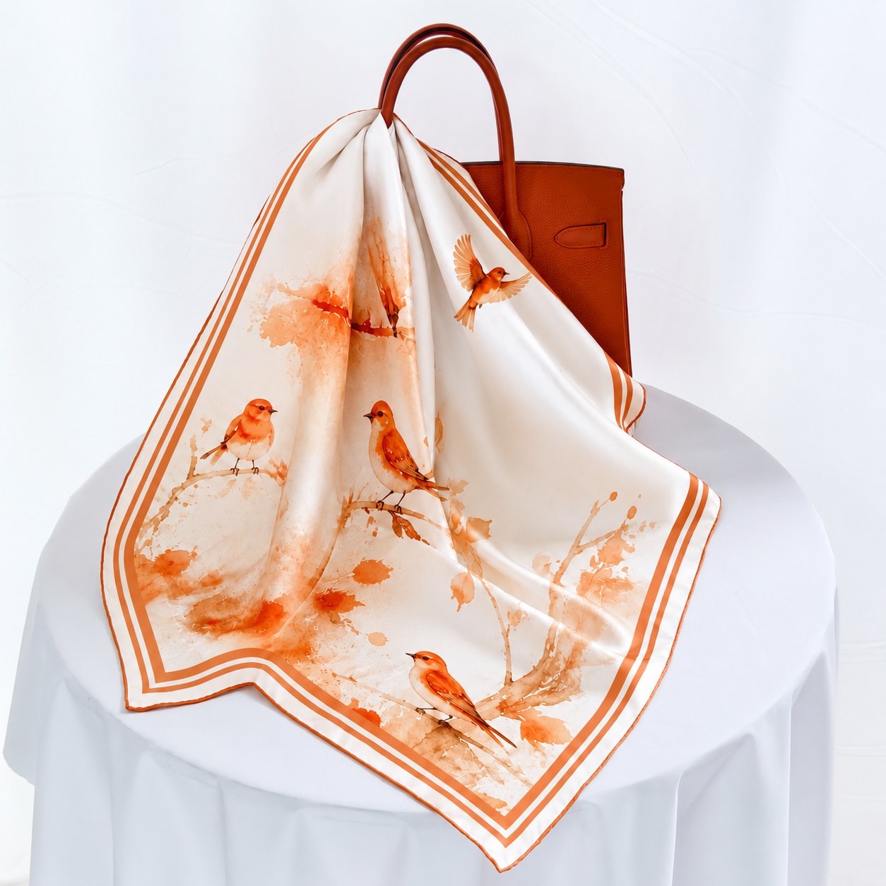 Woman wearing 68 cm silk scarf for compact fashion accessory styling
