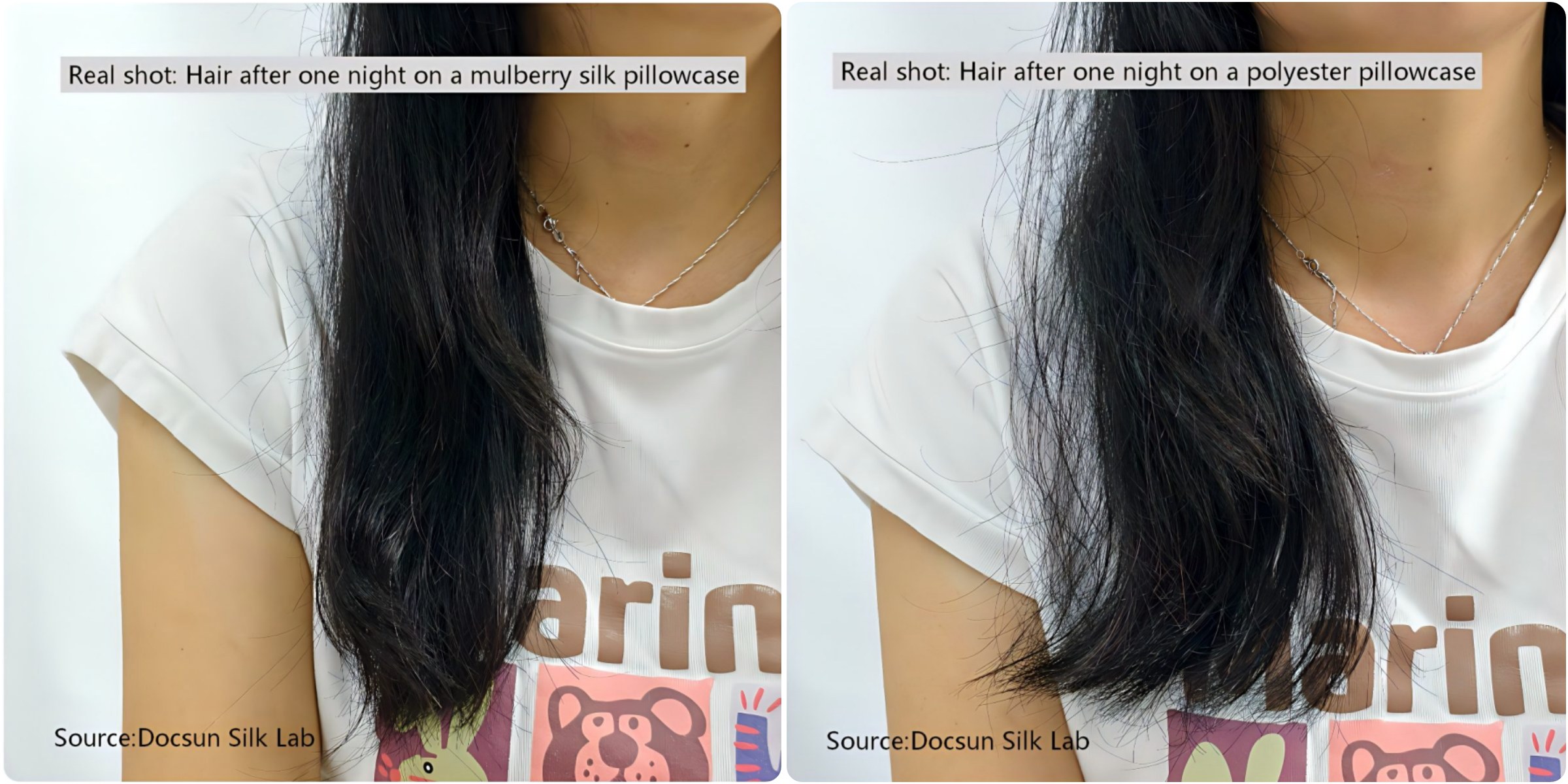 Side-by-side comparison of hair condition after one night on mulberry silk versus polyester