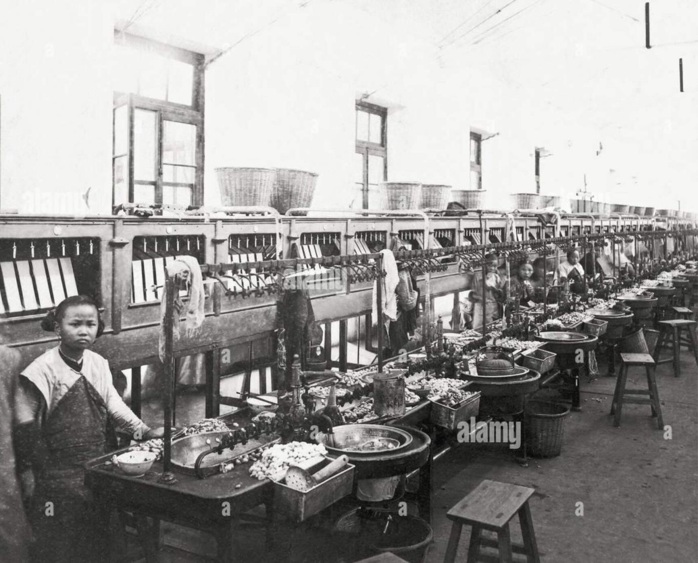 Historical silk processing factory in China showing silk production and labor
