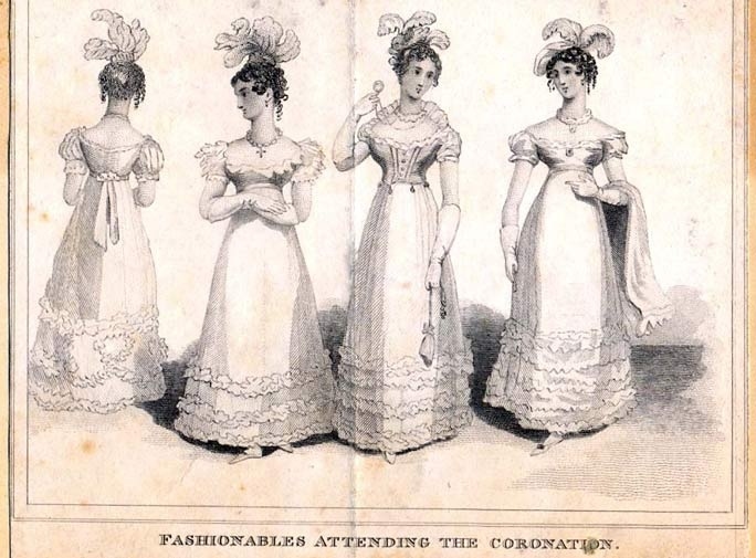 Women in white Regency dresses showing debutante fashion and empire silhouettes