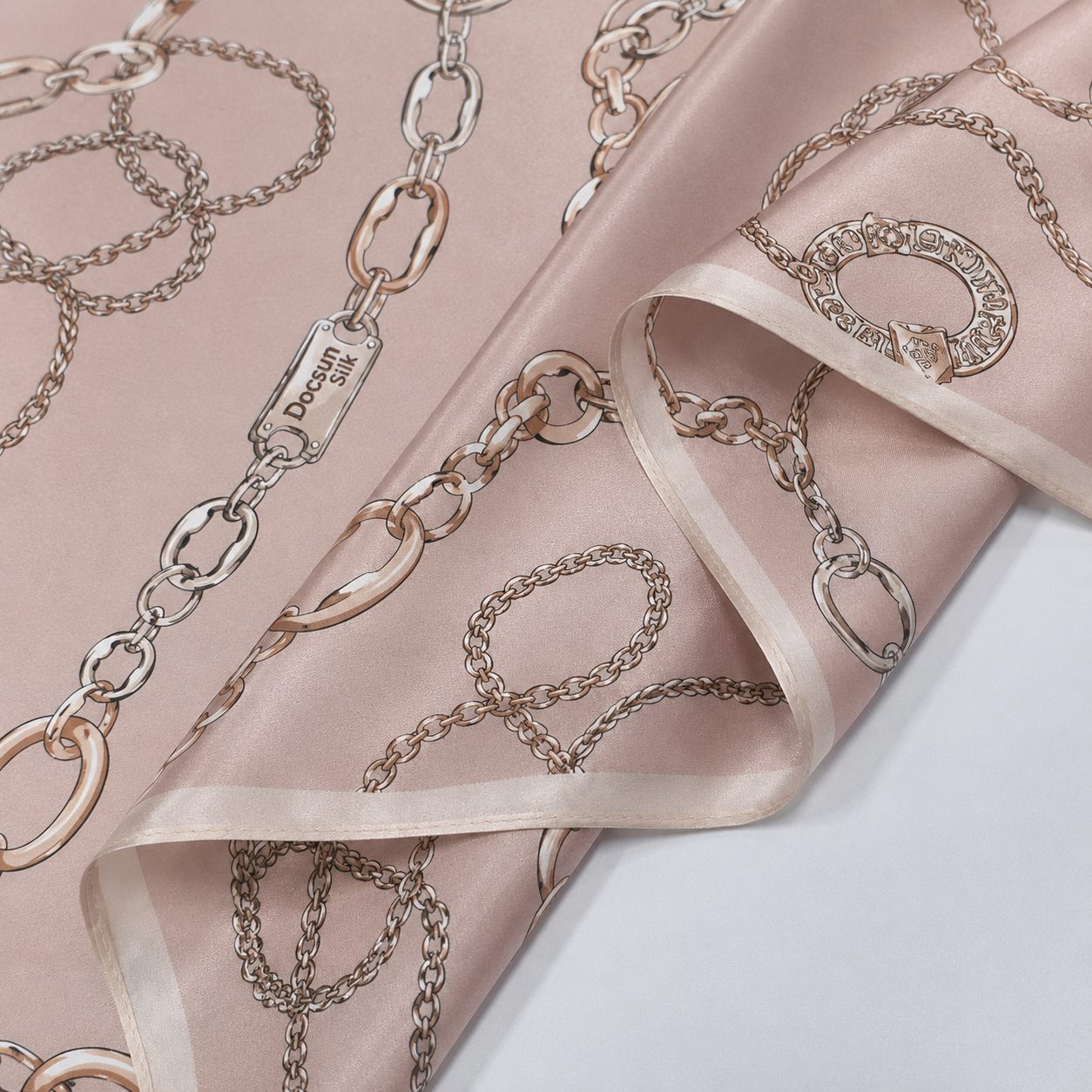Blush nude chain print silk scarves for custom label wholesale scarf production