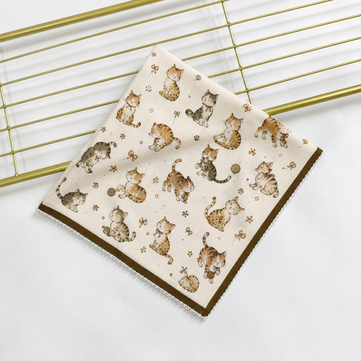 Ivory cartoon animal silk scarf flat lay for artwork review