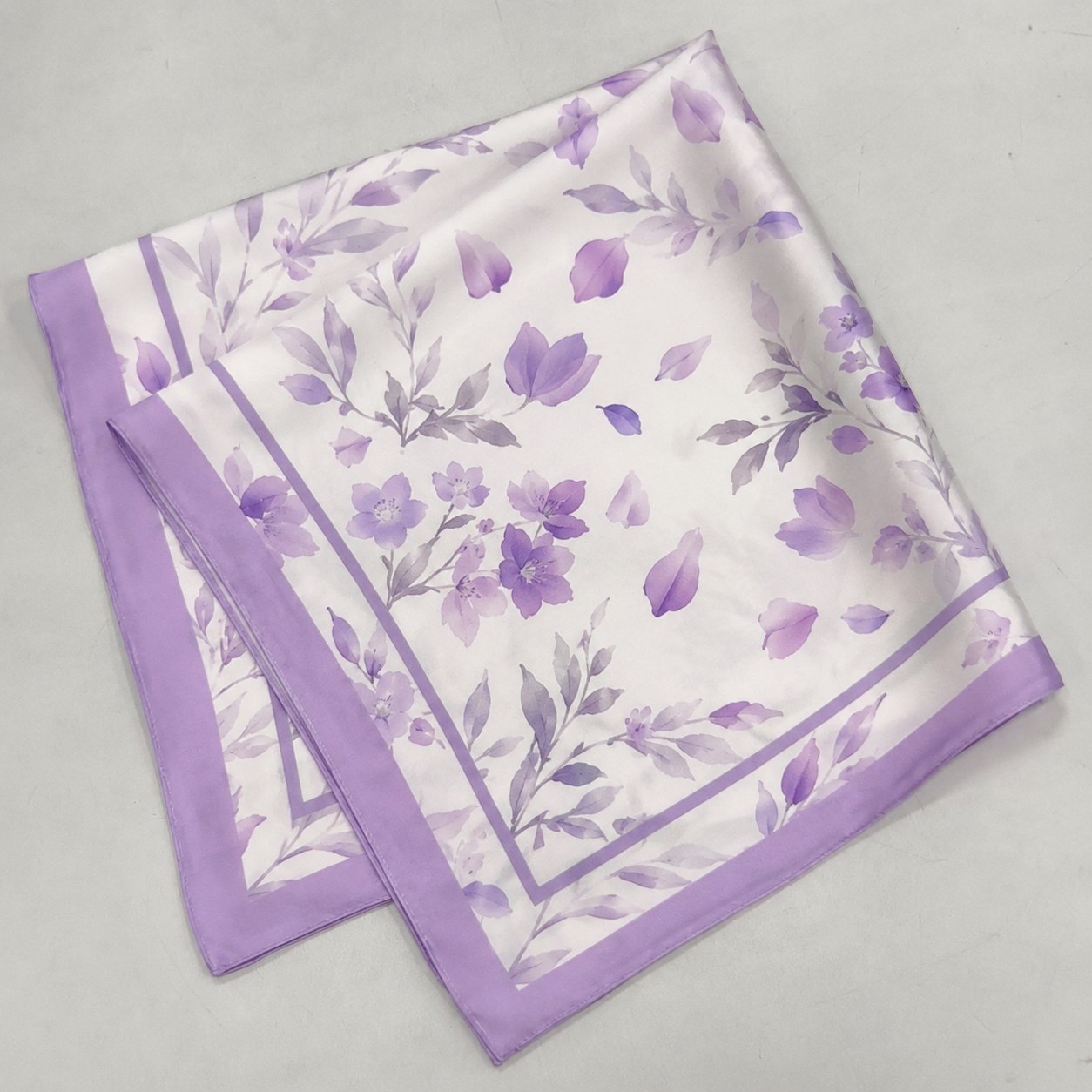 Light petal and leaf motif for 70x70cm custom mulberry silk scarf design