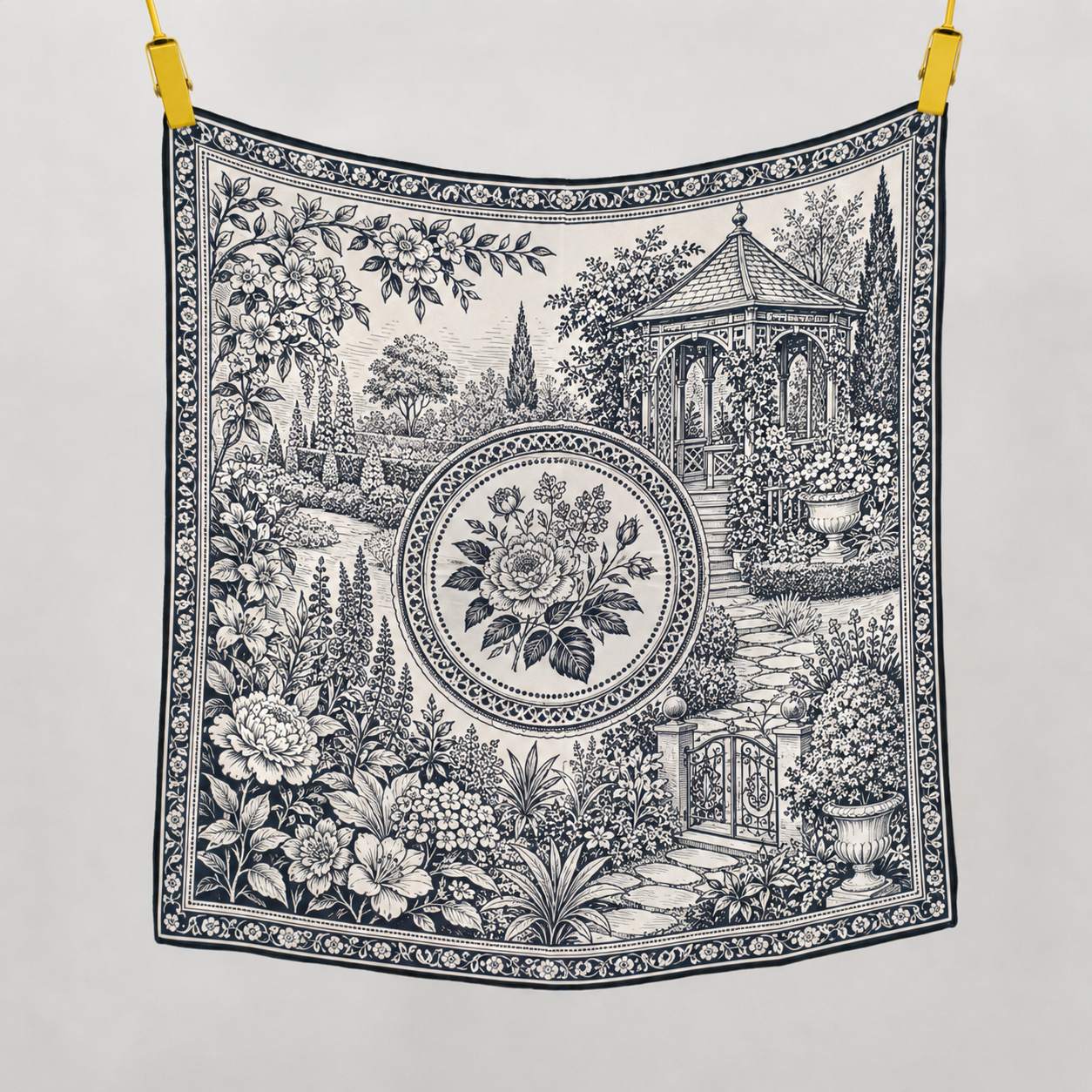 Black and white mulberry silk scarf showing refined logo and border placement potential