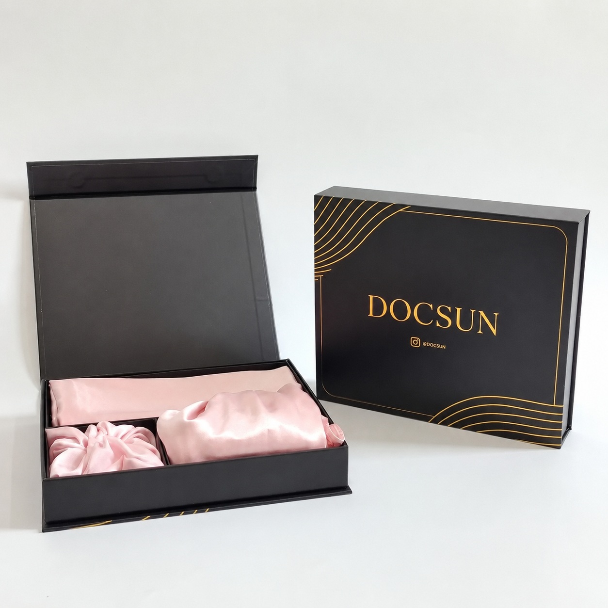 Black gift box packaging for custom silk pillowcase presentation