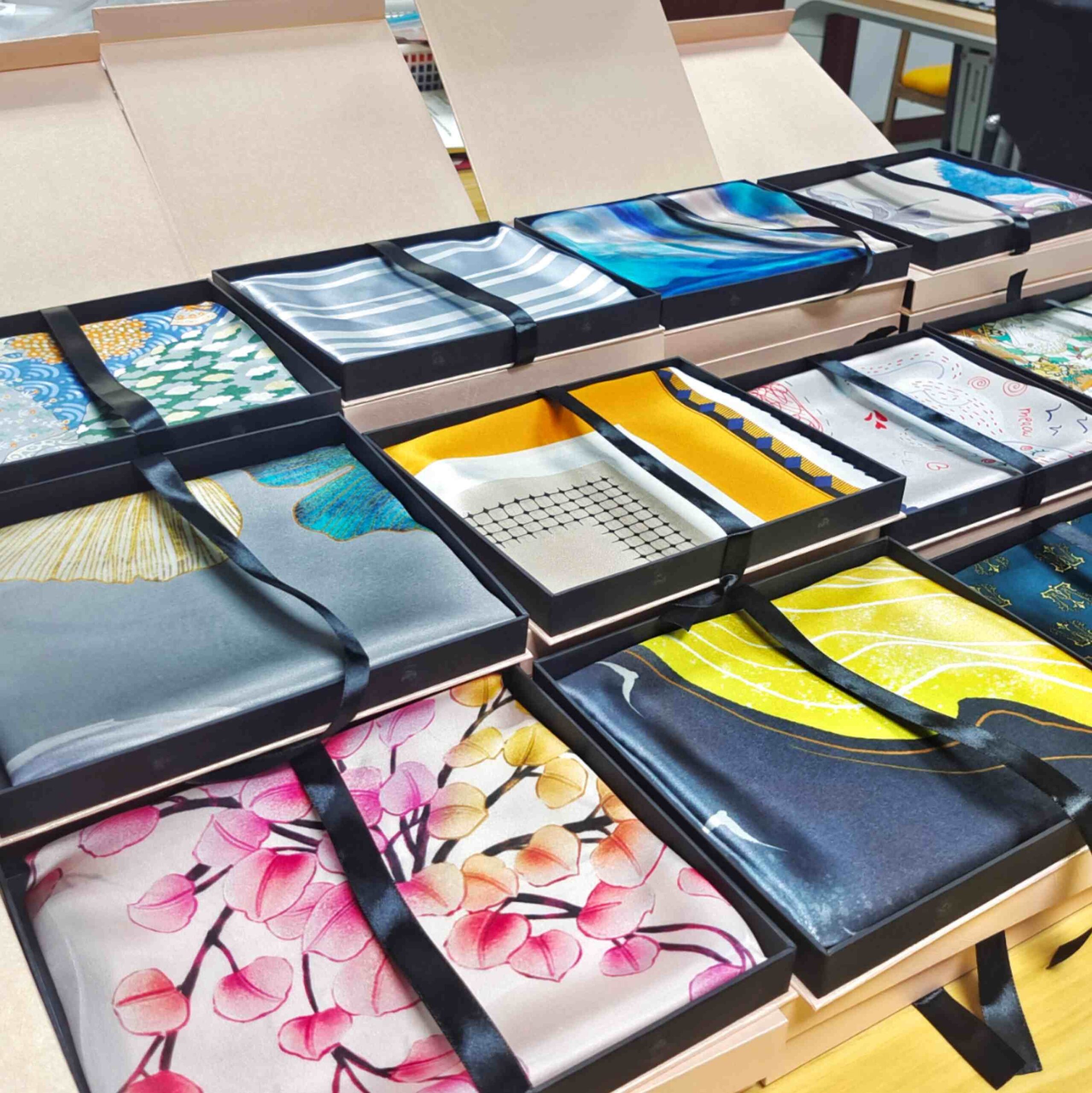 Custom silk wool scarf presentation for UK market