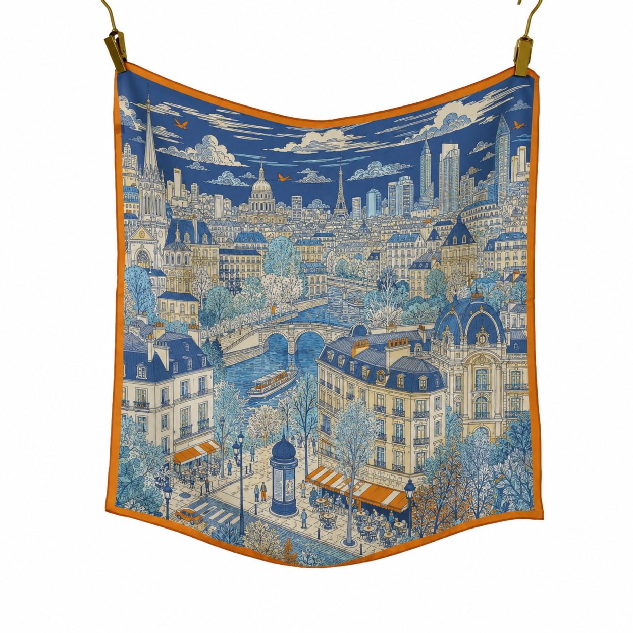 Blue cityscape printed silk square scarf for custom fashion accessory collections