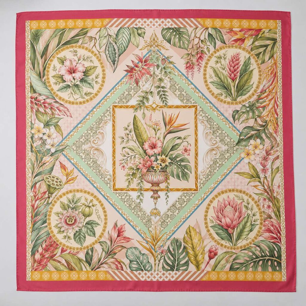 Botanical world print 100% mulberry silk square scarf with pink border and tropical floral leaves.