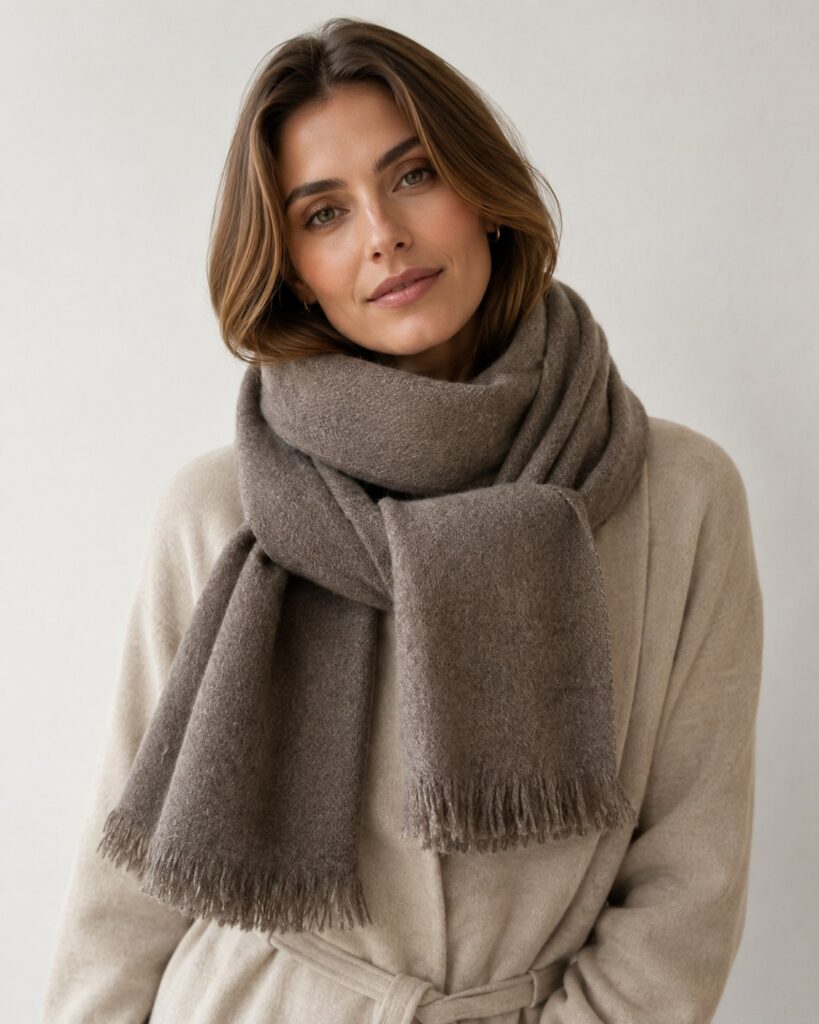 Italian-style female model wearing a taupe brown pure cashmere scarf for a warm premium winter look. Caption / 说明文字