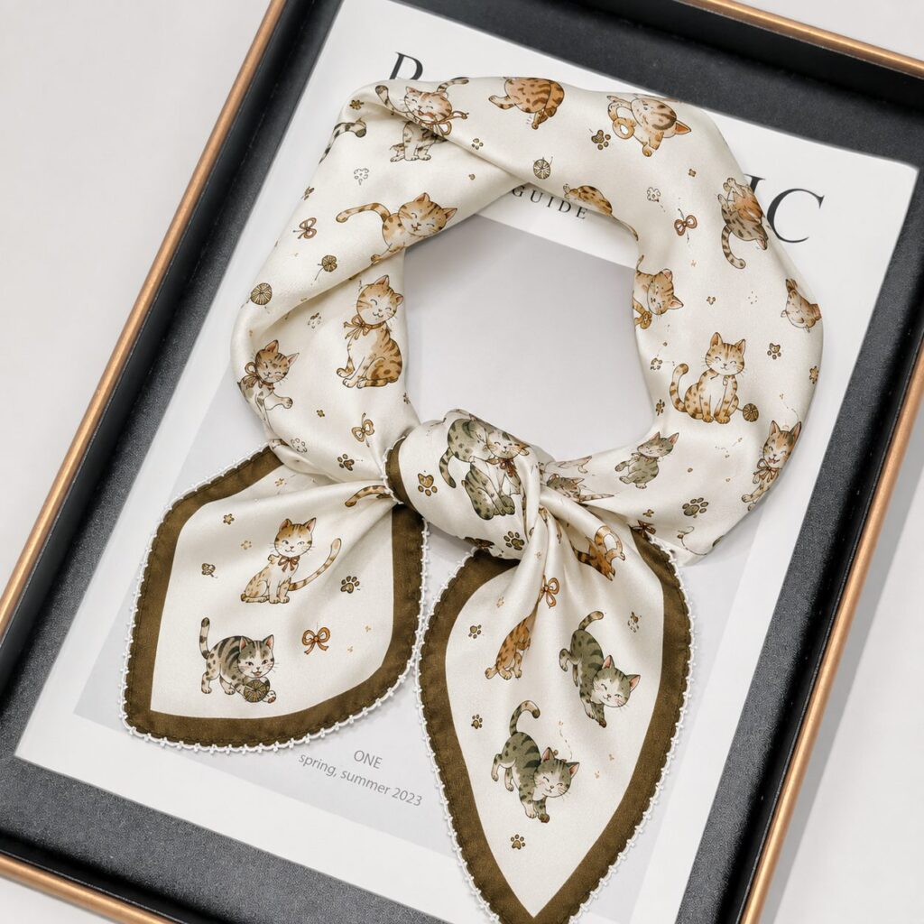 Ivory mulberry silk scarf laid flat with cartoon kitten motifs, bows, paw prints, and yarn balls, finished with an olive-brown border.