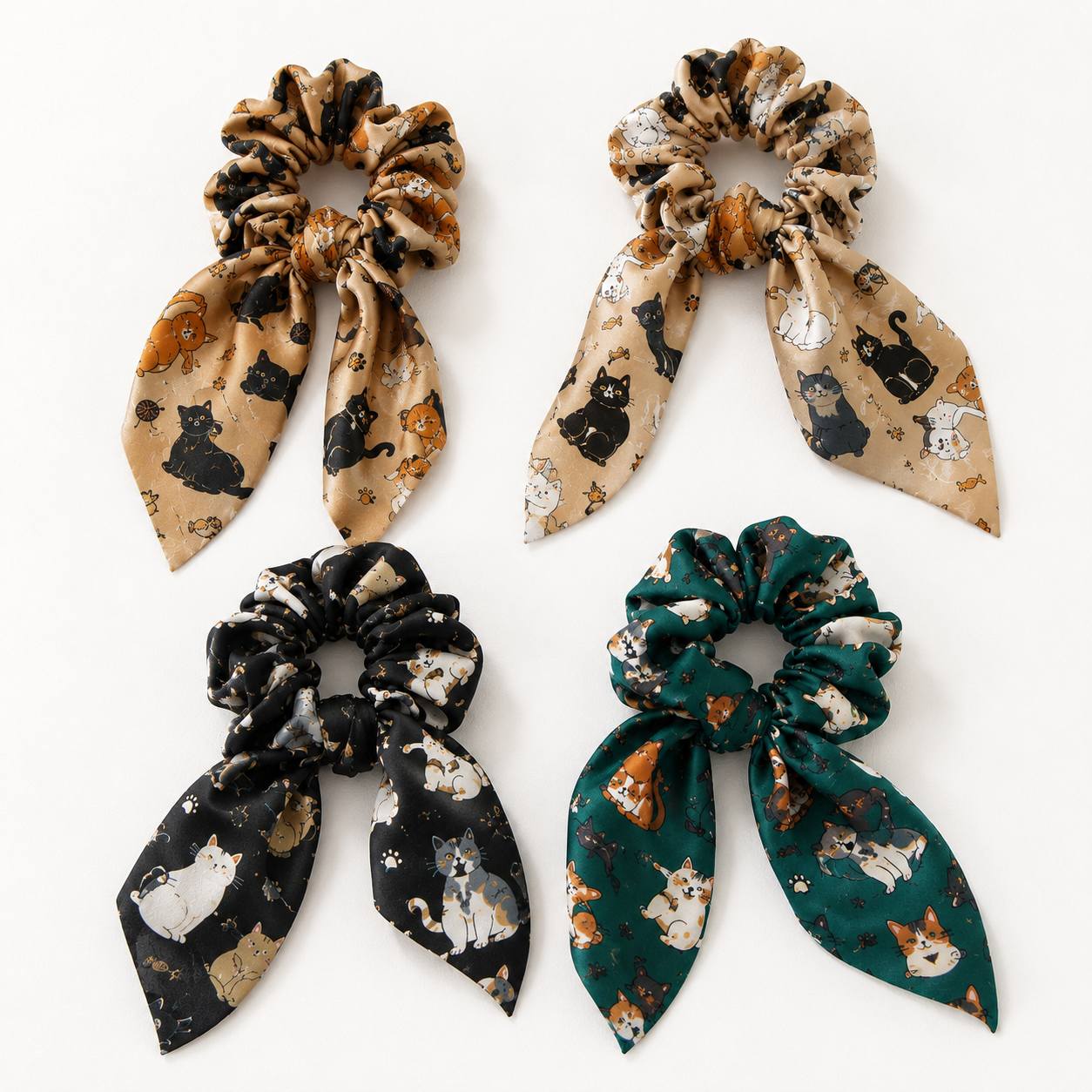 Cat patterned hair ties and headbands for novelty printed scrunchie collections