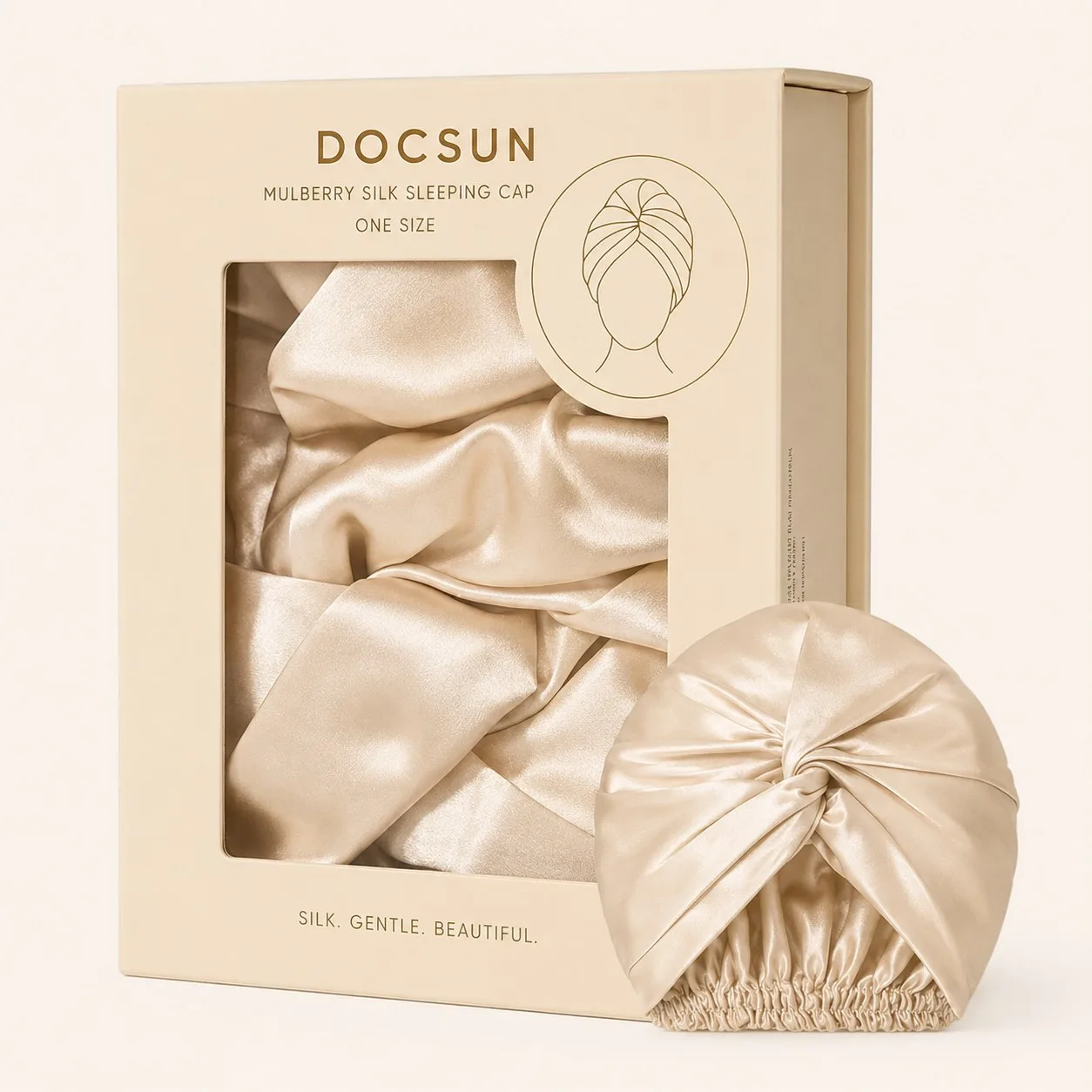 Champagne silk bonnet in a custom retail window box