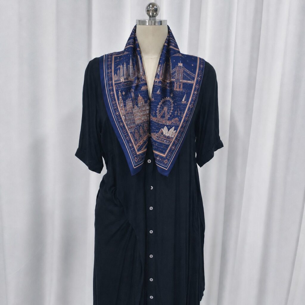 A navy cityscape silk scarf styled on a mannequin with a black dress.