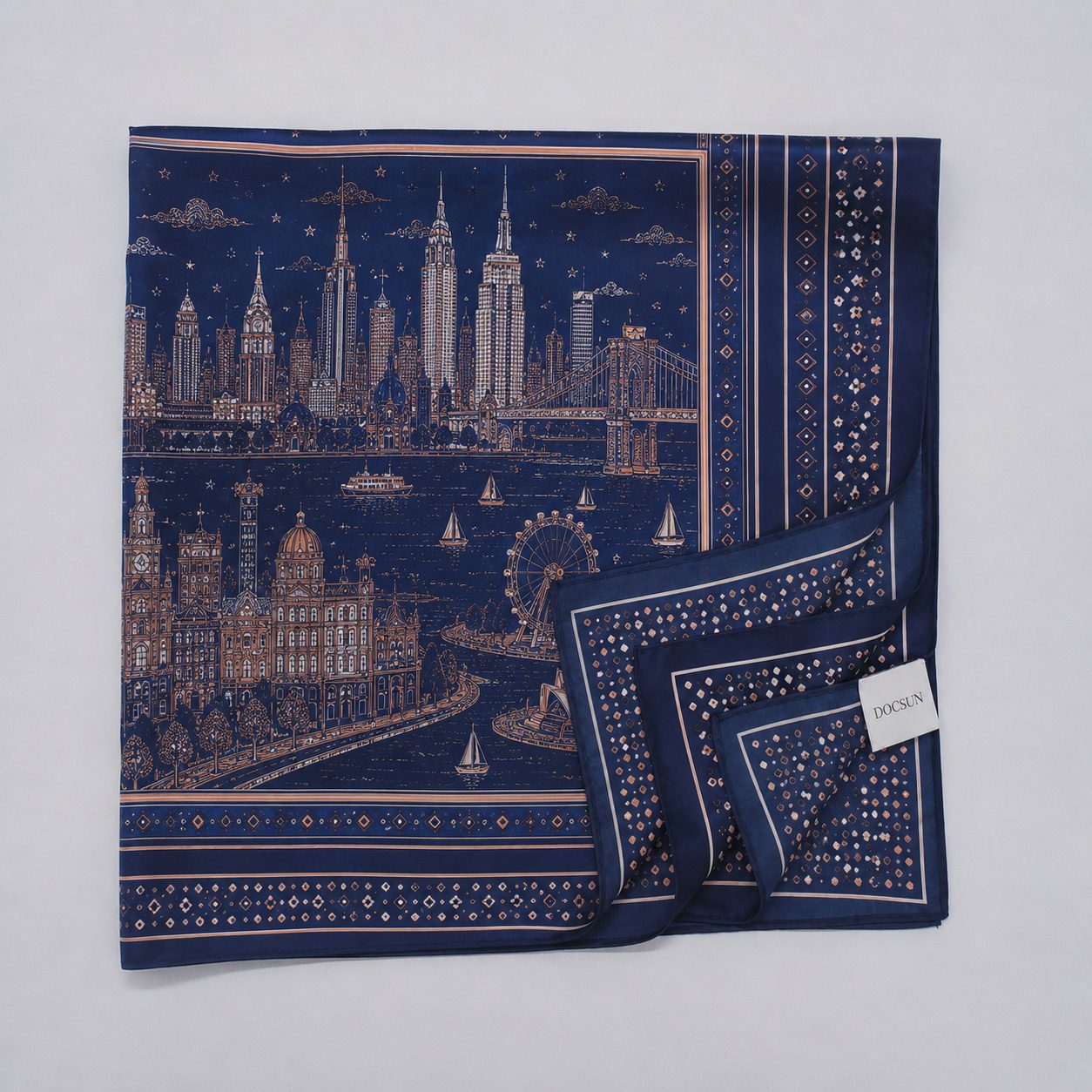 Premium visual effect of cityscape silk scarf artwork for women's scarf collections