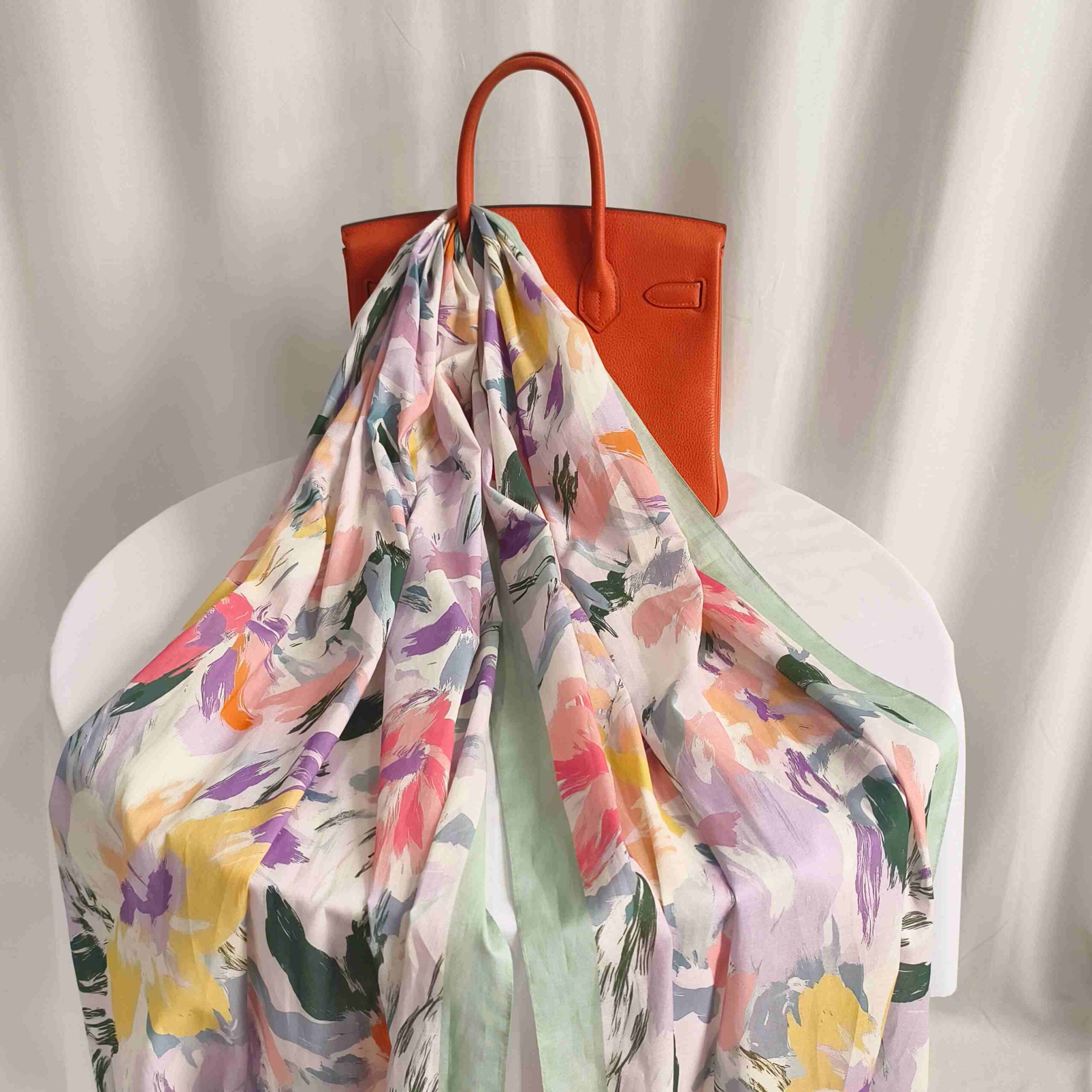 Large custom breathable cotton scarf with printed floral artwork