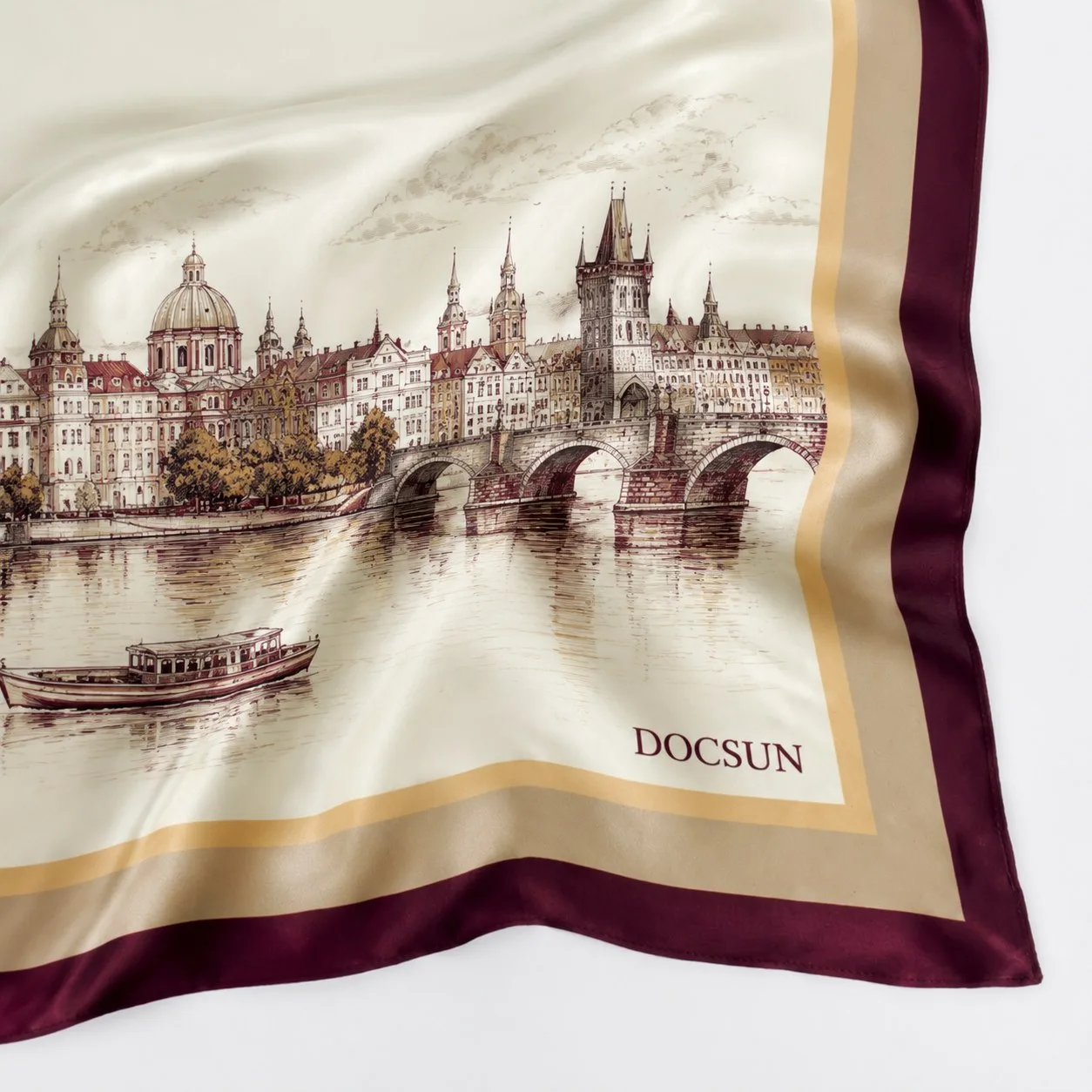 Custom printed logo integrated into silk scarf artwork