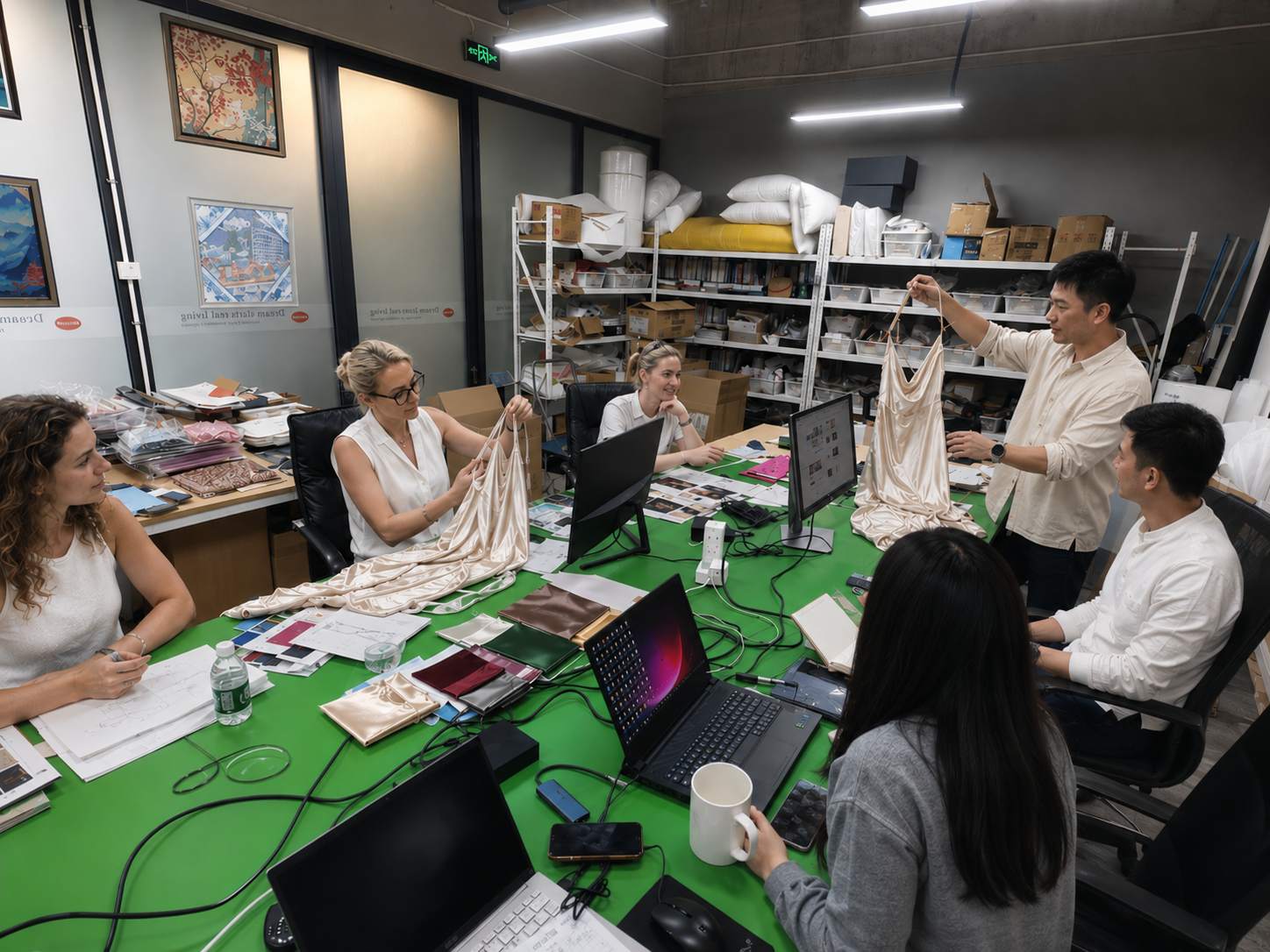 DOCSUN team reviewing a custom silk dress project with a client