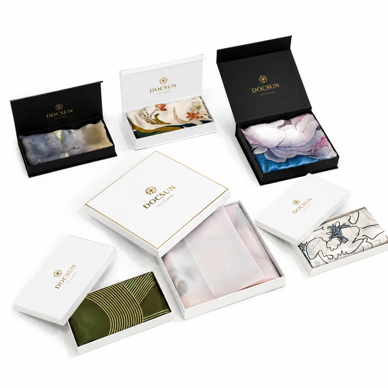White custom retail box packaging for a silk scarf