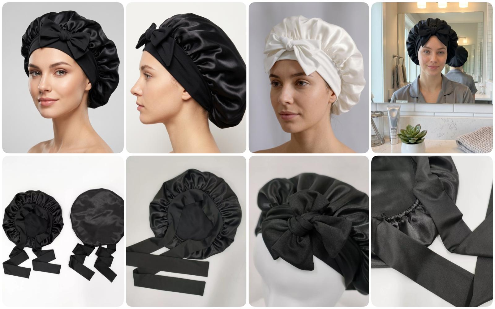 Black custom silk bonnet with wide ribbon tie band