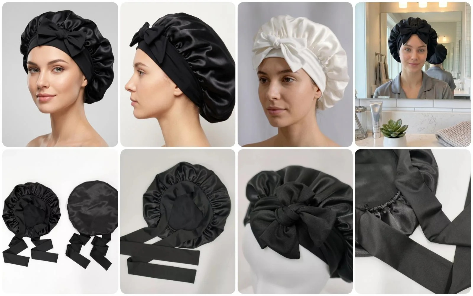Black custom silk bonnet with wide ribbon tie band