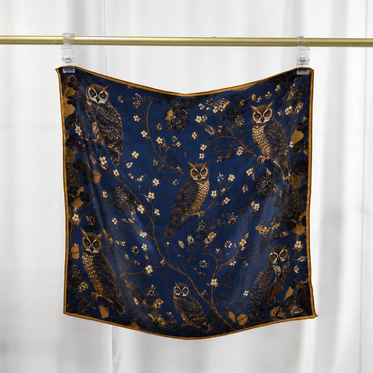 Deep blue owl printed silk square scarf for artistic neck scarf styling