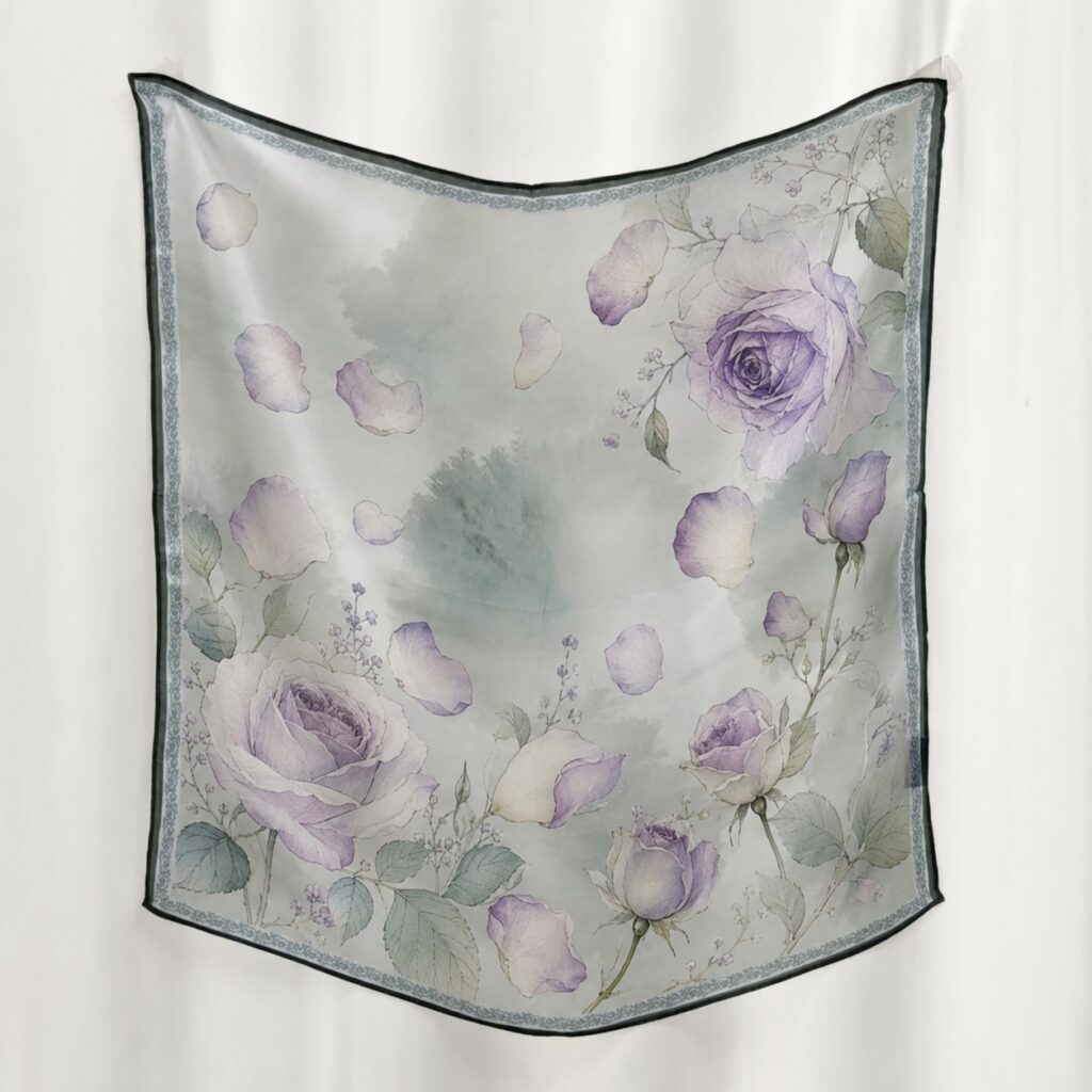100% mulberry silk scarf with a golden-brown border and layered petal-world print, elegantly draped over a brown handbag.