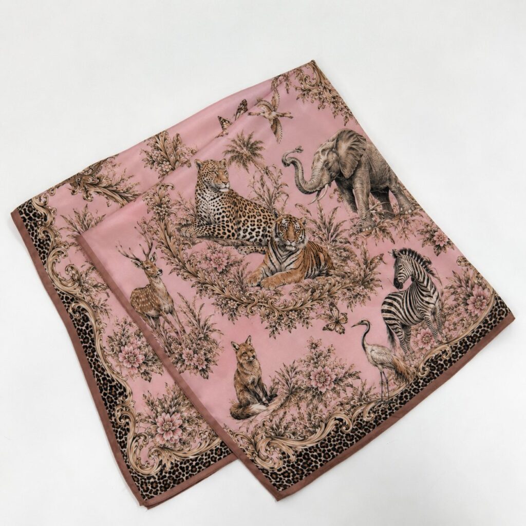90cm mulberry silk square scarf with a pink animal kingdom print, featuring tiger, leopard, zebra, elephant, deer, birds, butterflies, floral vines, leopard border, and vintage baroque details.