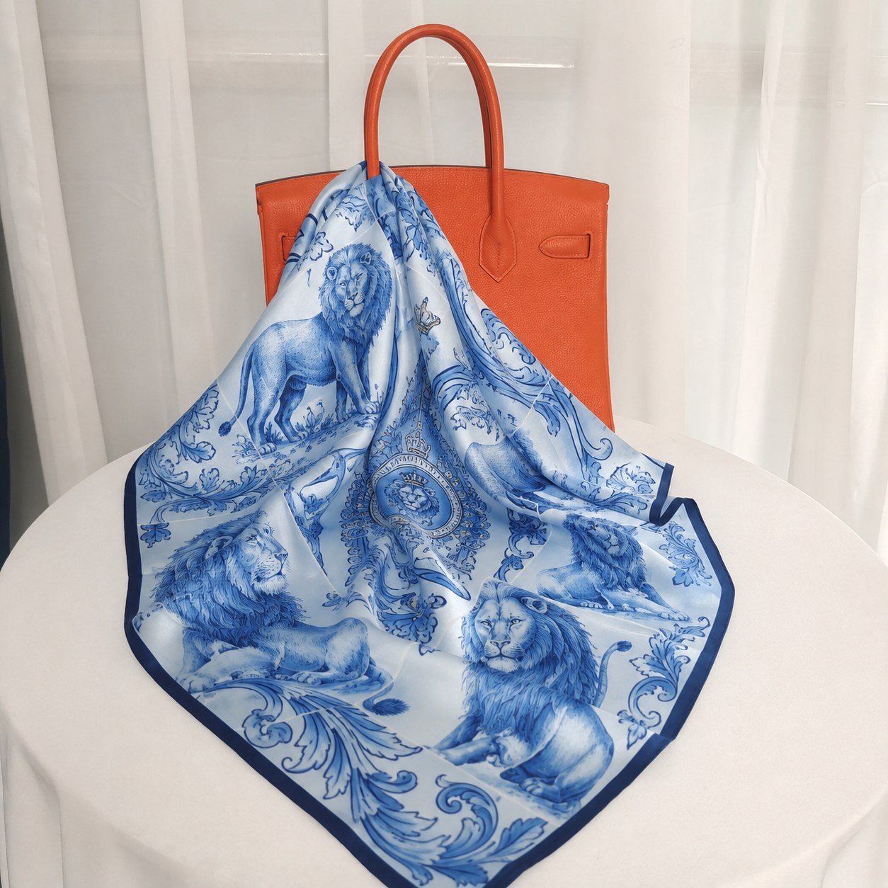 Blue and white lion pattern designer silk scarf