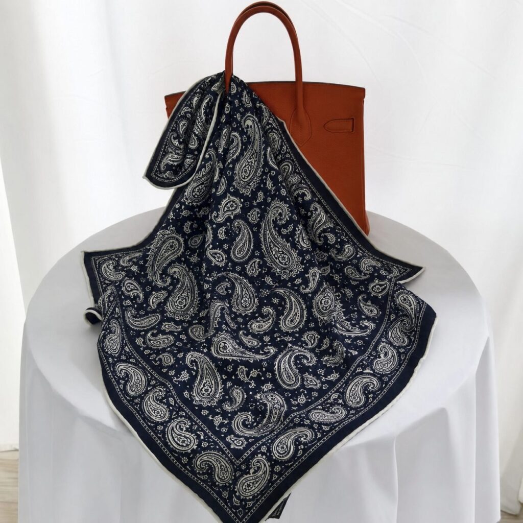 A navy square silk scarf with white paisley patterns draped elegantly over a brown leather tote bag on a round white table.