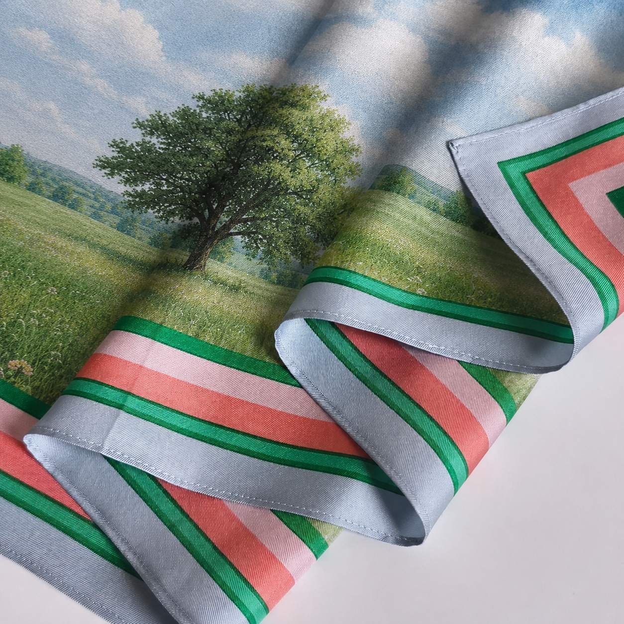 Fashion styling view of a branded custom silk scarf