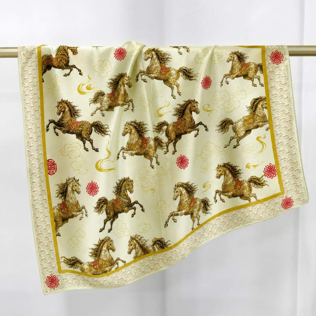 A cream and gold silk square scarf hanging over a rod, redesigned with galloping horse motifs instead of dragons, featuring golden borders, red decorative accents, and oriental cloud patterns.