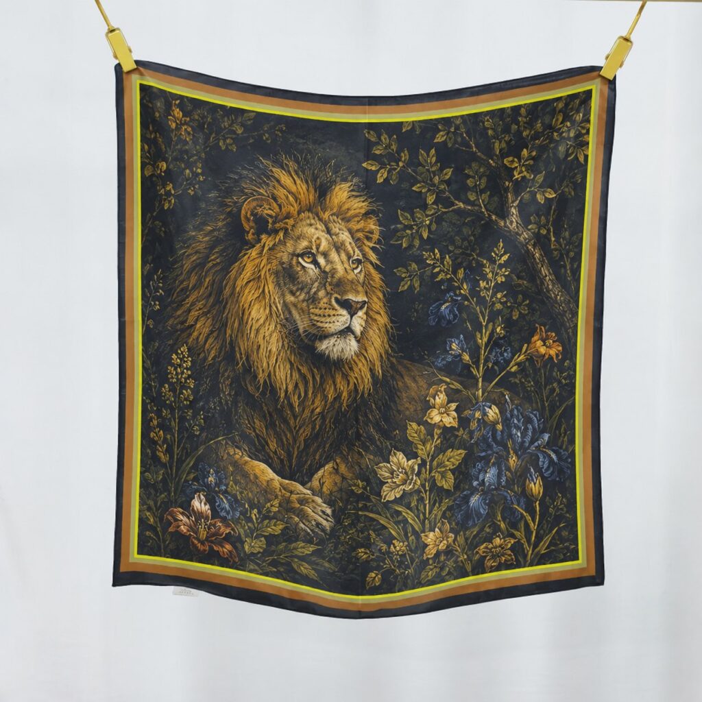 Mulberry silk scarf in a dark-toned palette featuring a central lion motif surrounded by flowers, foliage, and trees, finished with gold and green border accents, displayed against a light background.