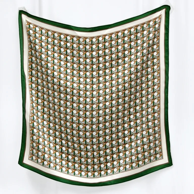 Fashion styling view of a custom mulberry silk scarf